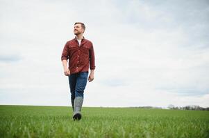 une Jeune agriculteur inspecte le qualité de blé choux dans le champ. le concept de agriculture photo