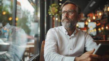 ai généré content Sénior homme d'affaire travail avec tablette à café magasin . photo