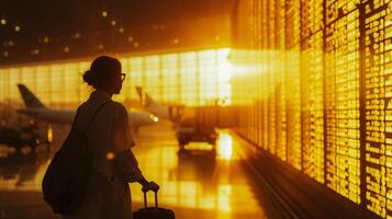 ai généré silhouette Jeune touristique Regardez à vol information planche avec d'or lumière à aéroport . photo