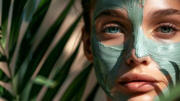 ai généré portrait de Jeune femelle modèle utilisation DIY faciale masque sur sa visage ,soins de la peau et traitement cosmétologie concept . photo