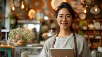 ai généré content magnifique serveurs à café souriant . photo