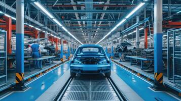 ai généré une bleu voiture est sur le Assemblée ligne dans un Assemblée plante photo