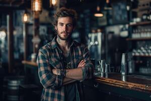 ai généré une souriant homme dans un tablier permanent dans de face de une café magasin photo