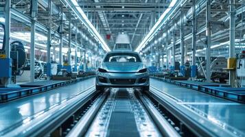 ai généré une bleu voiture est sur le Assemblée ligne dans un Assemblée plante photo