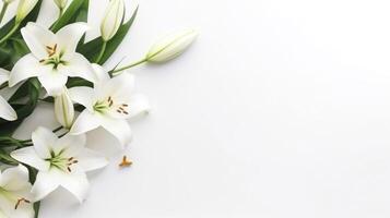 ai généré fleurs blanc pastel fleurs de lys composition sur une blanc Contexte copie espace modèle photo