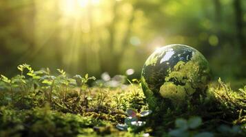 ai généré environnement écologie concept - vert globe dans forêt avec mousse photo