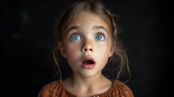 ai généré portrait surprise affronter, portrait de un étonné fille avec un ouvert bouche et rond gros yeux, étonné expression, à la recherche caméra. noir Contexte. photo