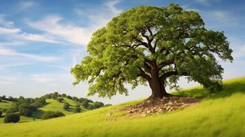 ai généré paysage chêne arbre sur colline ai généré photo