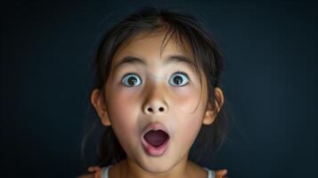 ai généré portrait surprise affronter, portrait de un étonné fille avec un ouvert bouche et rond gros yeux, étonné expression, à la recherche caméra. noir Contexte. photo