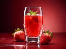 ai généré une verre de fraise jus fait signe contre une vibrant rouge Contexte photo