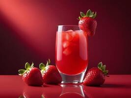 ai généré une verre de fraise jus fait signe contre une vibrant rouge Contexte photo