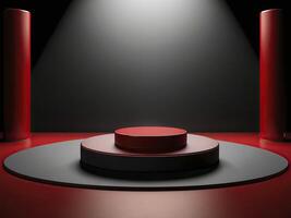 ai généré photo rouge lumière rond podium et noir Contexte pour maquette