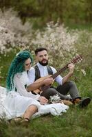 une barbu jeune marié pièces une à cordes instrument et une fille est assis dans une printemps Prairie photo