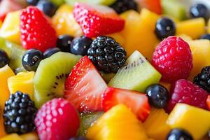 ai généré fruit salade. coloré mixte Frais baies et fruit, proche en haut photo