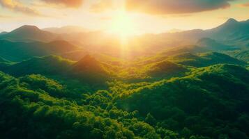 ai généré fantaisie étourdissant la nature scène, magnifique Montagne vue dans d'or heure ,lever du soleil ou le coucher du soleil avec d'or lumière ,abstrait Contexte . photo