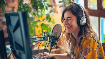 ai généré content femelle influenceur ou créateur de contenu enregistrement l'audio pour Podcast dans studio .enregistrement vidéo ou l'audio . photo