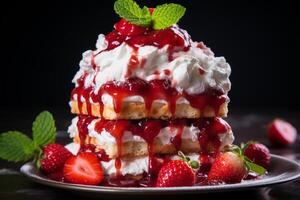 ai généré fraise shortcake sur une foncé béton Contexte en couches délice délicieux Frais cuit en bonne santé végétalien gourmet fait maison dessert photo