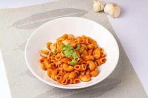 macaroni avec tomate sauce et persil dans une blanc bol servi sur une blanc assiette photo