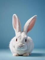 ai généré photo de blanc lapin oreille sur pastel bleu Contexte Pâques journée 3d le rendu. ai généré