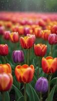 ai généré photo de une fascinant kaléidoscope de tulipes danses dans une arc en ciel jardin béni par une doux pluie douche. ai généré