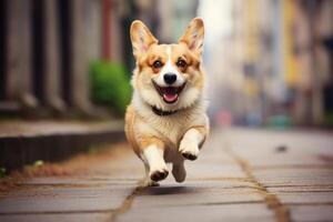 ai généré mignonne gallois corgi pembroke fonctionnement sur le rue. photo