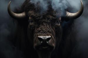ai généré visage de une bison en train de regarder nous avec prédateur yeux dans une plein noir décor et fumée photo