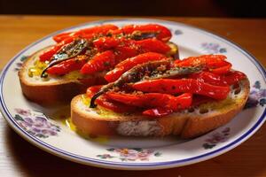 ai généré rouge poivrons avec génial anchois sur une tranche de pain. typique Espagnol aliments. photo