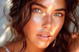 ai généré fermer portrait de une Jeune femme avec frappant bleu yeux et taches de rousseur photo