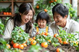 ai généré joyeux famille profiter temps ensemble cueillette Frais tomanes dans une ensoleillé serre photo