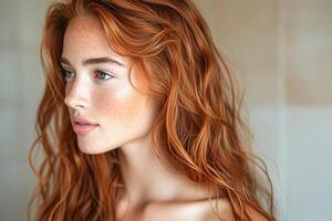 ai généré fermer portrait de une Jeune femme avec ardent rouge cheveux et taches de rousseur photo