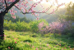 ai généré printemps fleurs et marguerites orner une scénique Prairie à le coucher du soleil photo