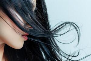 ai généré portrait de une Jeune femme avec frappant bleu yeux et foncé cheveux photo