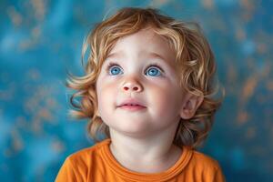 ai généré souriant bambin avec frisé cheveux posant pour une portrait contre une bleu Contexte photo
