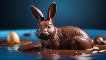 ai généré photo de ultraréaliste 3d Chocolat Pâques lapin nager dans une bassin de Chocolat. ai généré