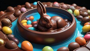 ai généré photo de ultradétaillé 3d Chocolat Pâques lapin nager dans une bassin de Chocolat et des sucreries. ai généré