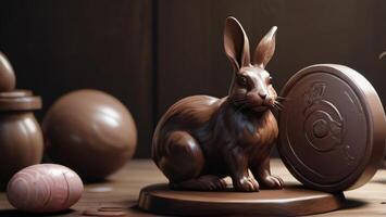 ai généré photo de sur une en bois table une Chocolat Pâques lapin est en portant lourd poids composition Pâques cette comprend. ai généré