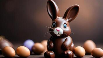 ai généré photo de mignonne Pâques lapin fabriqué de Chocolat avec Chocolat des œufs. ai généré