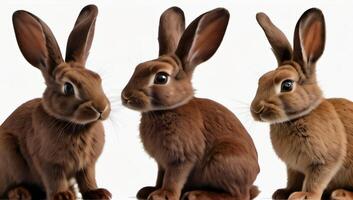 ai généré photo de Chocolat lapin lapin ensemble divers Chocolat lièvre lapin dans de face et profil isolé sur une blanc Contexte. ai généré