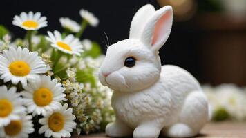ai généré photo de une proche en haut de une bouquet de fleurs avec une lapin figurine séance dans le milieu de le bouquet de marguerites et marguerites dans le sol. ai généré