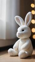 ai généré photo de une câlin blanc peluche jouet lapin séance et attendre à être étreint. ai généré