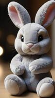 ai généré photo de gris lapin peluche jouet mignonne lapin fermer câlin. ai généré