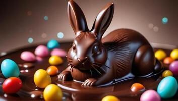 ai généré photo de ultradétaillé 3d Chocolat Pâques lapin nager dans une bassin de Chocolat et des sucreries. ai généré