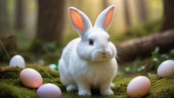 ai généré photo de enchanté Pâques des bois capricieux blanc lapin au milieu de une magique rempli d'œufs est. ai généré