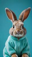 ai généré photo de lapin dans une lapin costume turquoise Contexte avec espace. ai généré