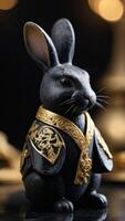 ai généré photo de élégant lapin figurine fabriqué de noir marbre avec or saupoudrage le lapin est habillé royalement dans un exquis peignoir avec d'or motifs technologie. ai généré