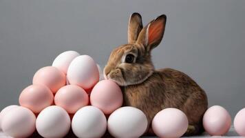 ai généré photo de une lapin séance dans de face de une pile de rose et blanc des œufs dans de face de une gris et blanc Contexte. ai généré