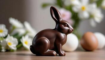 ai généré photo de une Chocolat lapin figurine séance suivant à un Pâques Oeuf sur une table avec blanc fleurs dans le Contexte. ai généré
