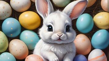 ai généré photo de aquarelle La peinture de une mignonne bébé lapin en portant un Pâques des œufs sur une blanc Contexte. ai généré