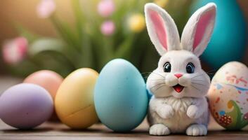 ai généré photo de une content souriant Pâques lapin et coloré Pâques des œufs. ai généré