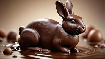 ai généré photo de ultraréaliste 3d Chocolat Pâques lapin nager dans une bassin de Chocolat. ai généré